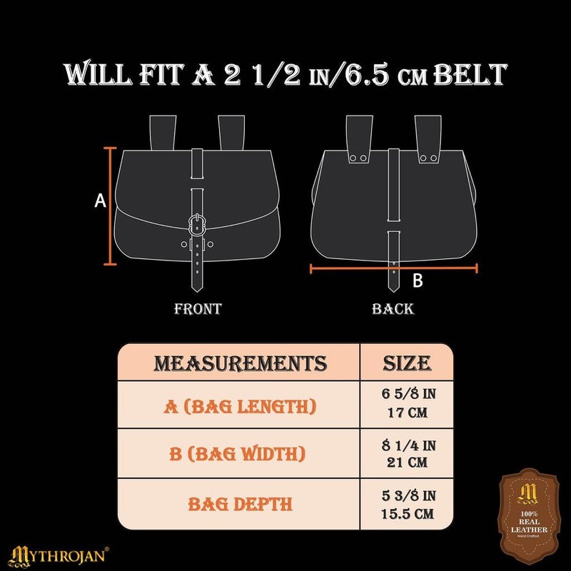 Mythrojan Medieval Leather Belt Pouch Vintage Waist Bag for LARP, Renaissance Fairs, Costumes, Cellphone Holder, Travel Wallet, Fanny Pack, Holster Purse Durable & Stylish Pouch - Black, 6.2â€ x 7â€ - Image 2